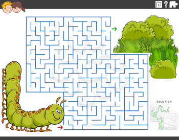 Cartoon illustration of educational maze puzzle game for children with caterpillar character and green meadow
