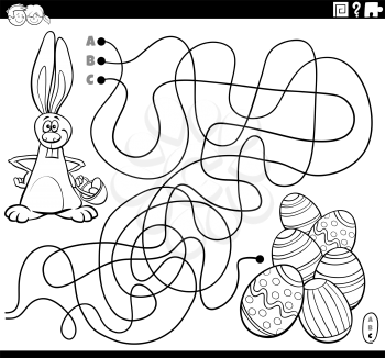 Black and white cartoon illustration of lines maze puzzle game with Easter Bunny character and colored eggs coloring book page