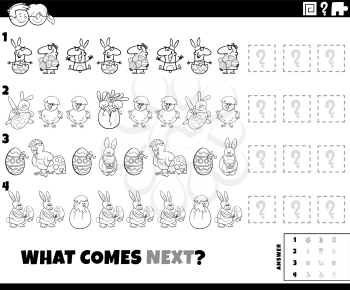 Black and white cartoon illustration of completing the pattern educational game for children with Easter characters coloring book page