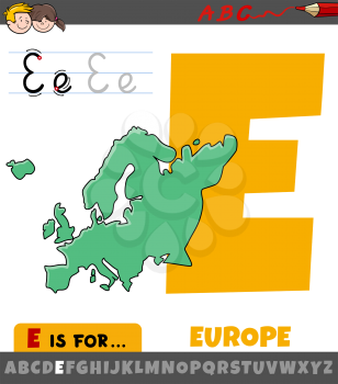 Educational cartoon illustration of letter E from alphabet with Europe continent shape