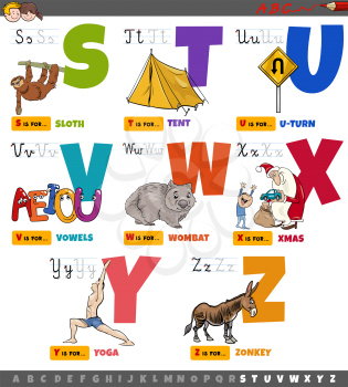 Cartoon illustration of capital letters alphabet educational set for reading and writing practice for elementary age children from S to Z