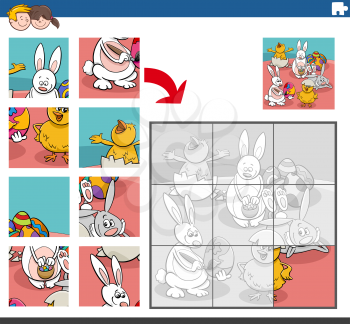 Cartoon illustration of educational jigsaw puzzle game for children with Easter bunnies and chicks characters
