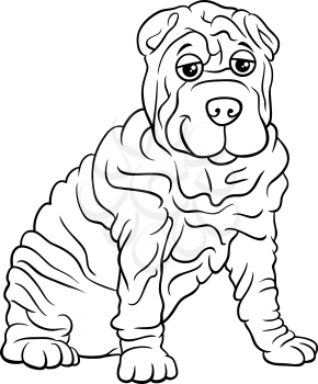 Black and white cartoon illustration of Shar Pei purebred dog animal character coloring book page