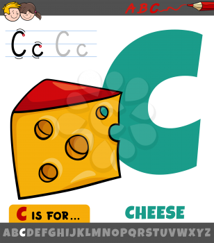 Educational cartoon illustration of letter C from alphabet with cheese food object