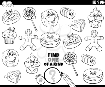 Black and white cartoon illustration of find one of a kind picture educational game for children with comic sweet food characters coloring book page