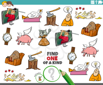 Cartoon illustration of find one of a kind picture educational game for children with comic characters and objects