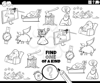 Black and white cartoon illustration of find one of a kind picture educational game for children with comic characters and objects coloring book page