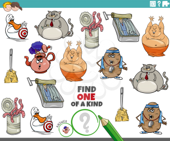 Cartoon illustration of find one of a kind picture educational game with comic characters