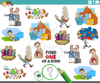 Cartoon illustration of find one of a kind picture educational game for children with comic characters and sayings or proverbs