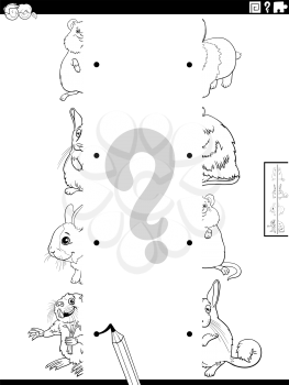 Black and white cartoon illustration of educational game of matching halves of pictures with funny animals characters coloring book page