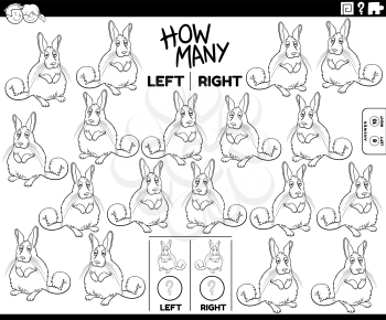 Black and white cartoon illustration of educational task of counting left and right oriented pictures of viscacha animal character coloring book page