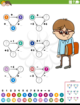Cartoon illustration of educational mathematical calculation diagram task for children with boy and book worksheet page