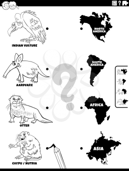 Black and white cartoon illustration of educational matching game for children with animal species characters and continents coloring book page