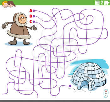 Cartoon illustration of lines maze puzzle game with Eskimo character and igloo