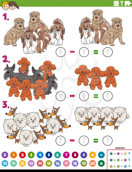 Cartoon illustration of educational mathematical subtraction puzzle task for children with purebred dogs animals characters