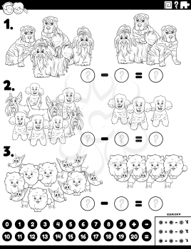 Black and white cartoon illustration of educational mathematical subtraction puzzle task for children with purebred dogs animals characters coloring book page