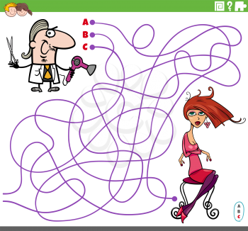 Cartoon illustration of lines maze puzzle game with hairdresser and young woman characters