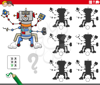 Cartoon illustration of finding the shadow without differences educational game for children with funny robot character