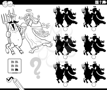 Black and white cartoon illustration of finding the shadow without differences educational game for children with angel and devil coloring book page