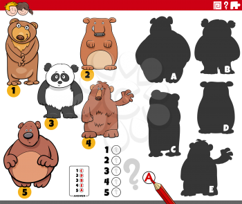 Cartoon illustration of finding the right shadows to the pictures educational game for children with bears animal characters
