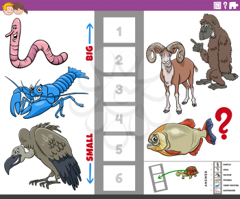 Cartoon illustration of educational game of finding the biggest and the smallest animal species with comic characters for kids