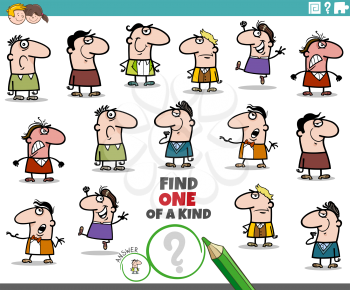 Cartoon illustration of find one of a kind picture educational task for children with funny men characters