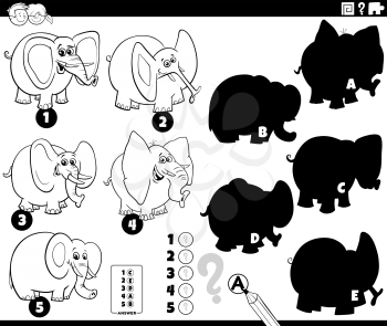 Black and white cartoon illustration of finding the right shadows to the pictures educational game for children with elephants animal characters coloring book page