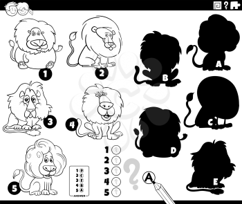 Black and white cartoon illustration of finding the right shadows to the pictures educational game for children with lions animal characters coloring book page