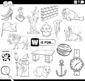 Black and white cartoon illustration of finding pictures starting with letter W educational task worksheet for children with objects and comic characters coloring book page
