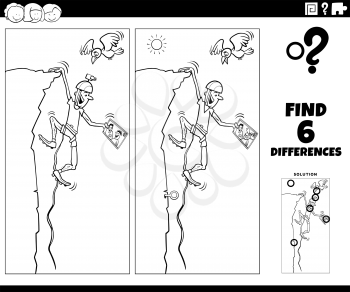Black and white cartoon illustration of finding the differences between pictures educational game with climber character watching broadcast on tablet coloring book page