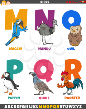 Cartoon illustration of colorful alphabet set from Letter M to R with funny birds animal characters