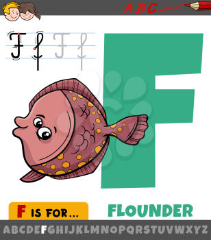 Educational cartoon illustration of letter F from alphabet with flounder fish animal character