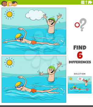 Cartoon illustration of finding the differences between pictures educational game for children with swimming boys