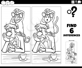Black and white Cartoon illustration of finding the differences between pictures educational game with monkey on your back saying or proverb coloring book page