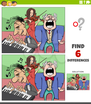Cartoon illustration of finding the differences between pictures educational game with musicians group
