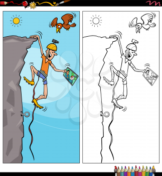 Cartoon illustration of climber comic character coloring book page