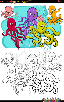 Cartoon illustration of octopus animal comic characters group coloring book page