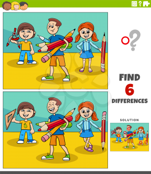 Cartoon illustration of finding the differences between pictures educational game with pupils children