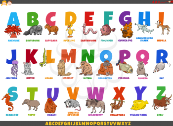 Educational cartoon illustration of colorful complete alphabet set with comic animal characters and captions