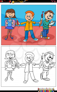 Cartoon illustration of elementary school children or students comic characters coloring book page