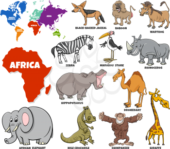 Educational cartoon illustration of African animal characters set and world map with continents shapes