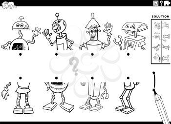 Black and white cartoon illustration of educational game of matching halves of pictures with comic robot characters coloring book page