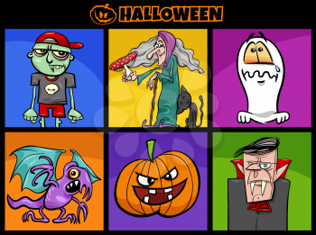 Cartoon illustration of comic Halloween characters set