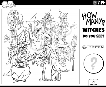 Black and white illustration of educational counting game for children with cartoon witches Halloween characters group coloring book page