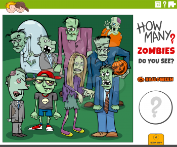 Illustration of educational counting game for children with cartoon zombies Halloween characters group