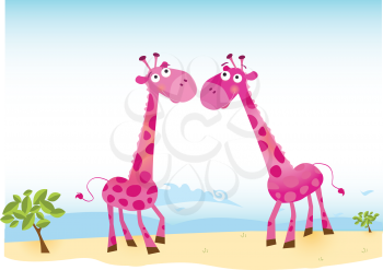 Royalty Free Clipart Image of Two Pink Giraffes