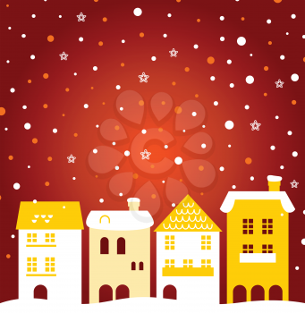 Winter town - gold and red. Vector Illustration