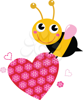 Bee with pink floral heart. Vector cartoon Illustration