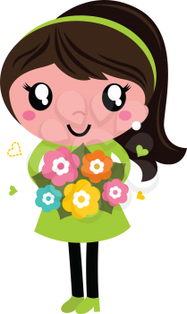 Young Woman in green dress with Bouquet. Vector Illustration