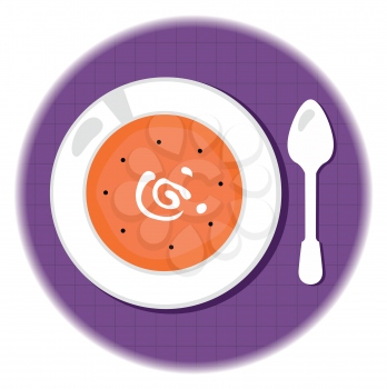 Halloween soup in white bowl and spoon. Vector illustration